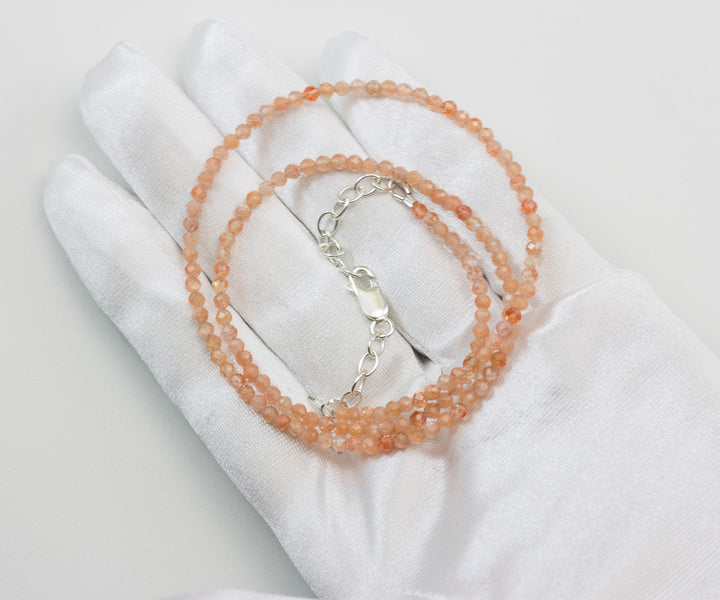 Sunstone Necklace Natural Shimmery Peach Solid Strand Dainty Small Sterling Silver 14k Gold Filled Micro Faceted 19 20 Inches Simple