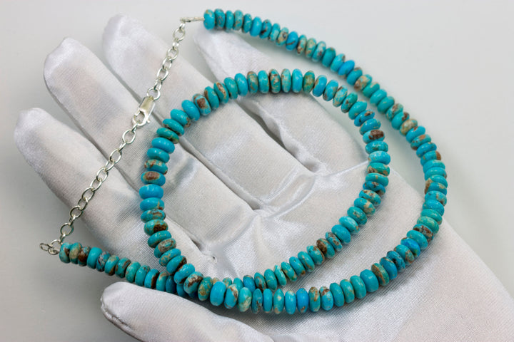 Blue Turquoise Necklace Faceted Solid Strand Link Beaded Sterling Silver 20 Inches natural stone Smooth Light Blue 7mm Rondelles