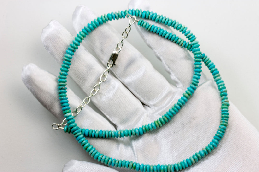 Blue Turquoise Necklace Faceted Solid Strand Link Beaded Sterling Silver 20 Inches natural stone Smooth Light Blue 6.5mm Rondelles