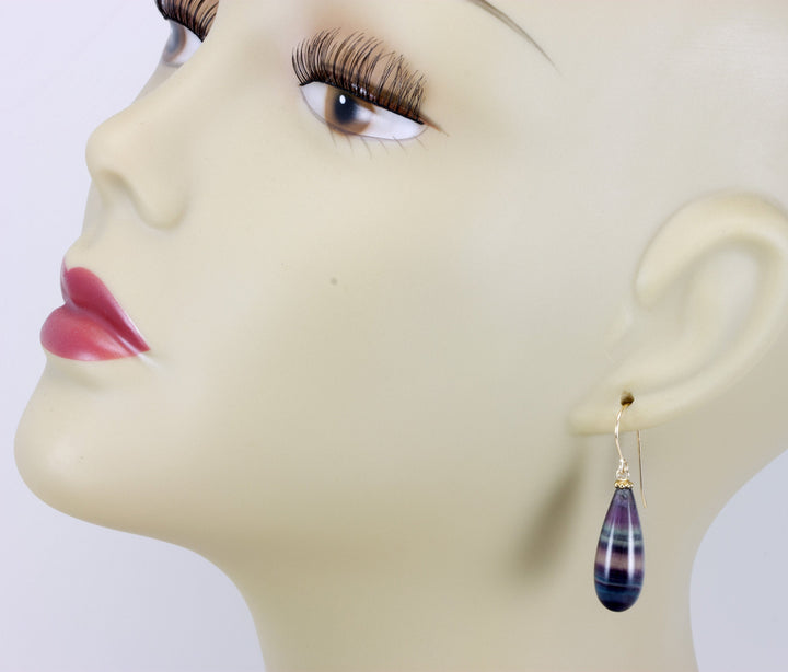 Fluorite Earrings Smooth Teardrop 14k solid gold or filled or sterling silver Natural Flourite Fat Round Drop Striped Teal Purple Beaded