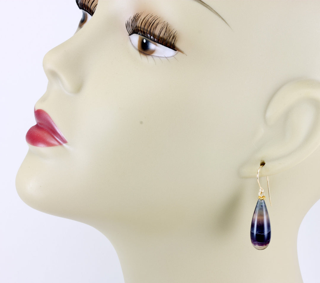 Fluorite Earrings Smooth Teardrop 14k solid gold or filled or sterling silver Natural Flourite Fat Round Drop Striped Teal Purple Beaded