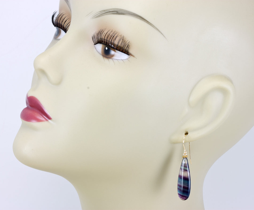 Fluorite Earrings Purple Teal Blue Striped Smooth Teardrop 14k solid gold or gold filled or sterling silver Natural Large Pair Beaded Simple