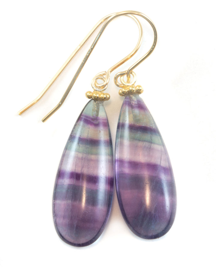 Fluorite Earrings Purple Teal Blue Striped Smooth Teardrop 14k solid gold or gold filled or sterling silver Natural Large Pair Beaded Simple