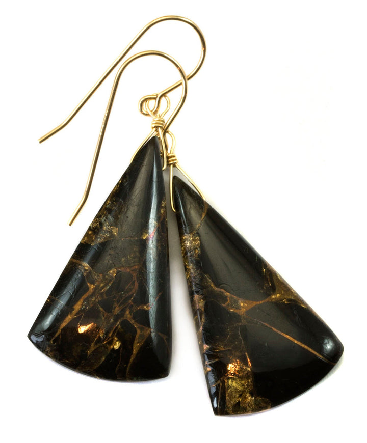 Black Copper Mosaic Obsidian Earrings Smooth Drops Sterling Silver or 14k Solid Gold or Filled Long Triangle Unique Contemporary Spyglass