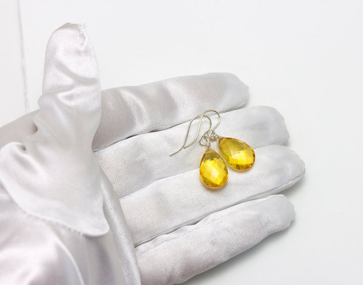 Yellow Citrine Quartz Earrings faceted Teardrop Dangle 14k gold filled or Sterling Silver Spyglass Designs Bright Yellow Pear Shaped Drops