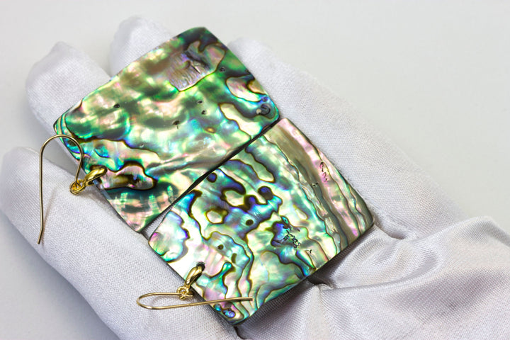 Abalone Paua Shell Teardrop Earrings Natural Peacock Rectangle 14k Solid Gold or Filled or Sterling Silver X Large Simple MOP Drops  2 Inch