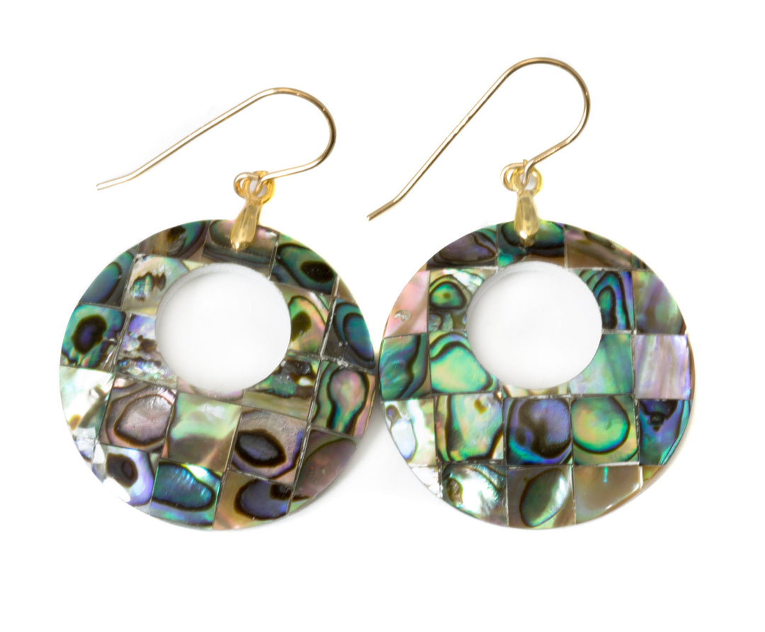 Abalone Paua Shell Teardrop Earrings Natural Peacock Mosaic Round 14k solid gold or filled or Sterling Silver Large Simple MOP Drops 2 Inch