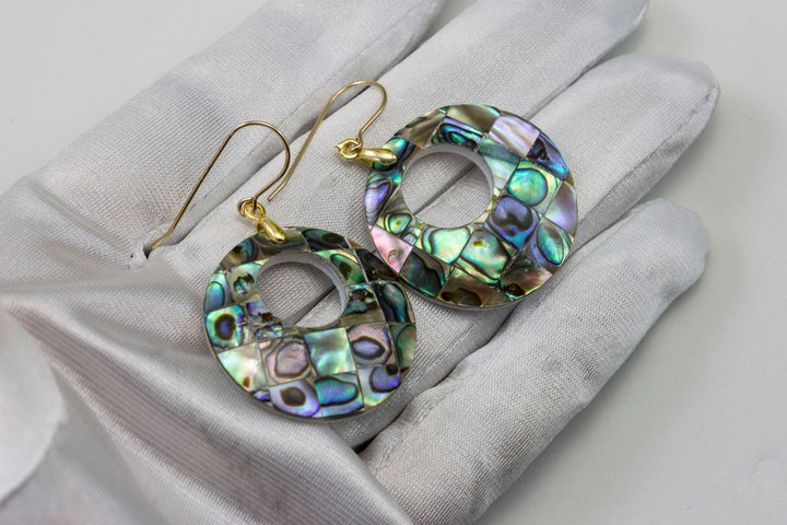 Abalone Paua Shell Teardrop Earrings Natural Peacock Mosaic Round 14k solid gold or filled or Sterling Silver Large Simple MOP Drops 2 Inch