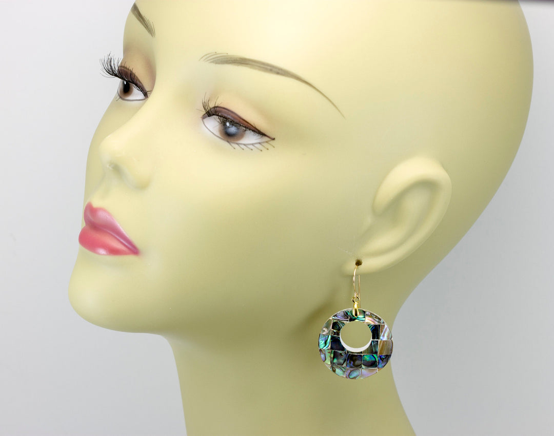Abalone Paua Shell Teardrop Earrings Natural Peacock Mosaic Round 14k solid gold or filled or Sterling Silver Large Simple MOP Drops 2 Inch