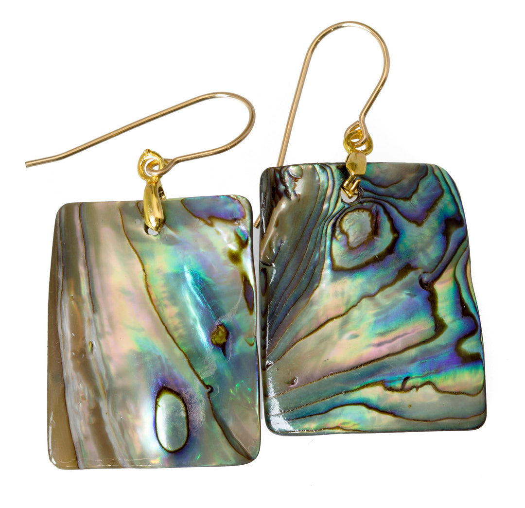 Abalone Paua Shell Teardrop Earrings Large Natural Peacock Colors 14k Solid Gold or Filled or Sterling Silver Rectangle  Blue