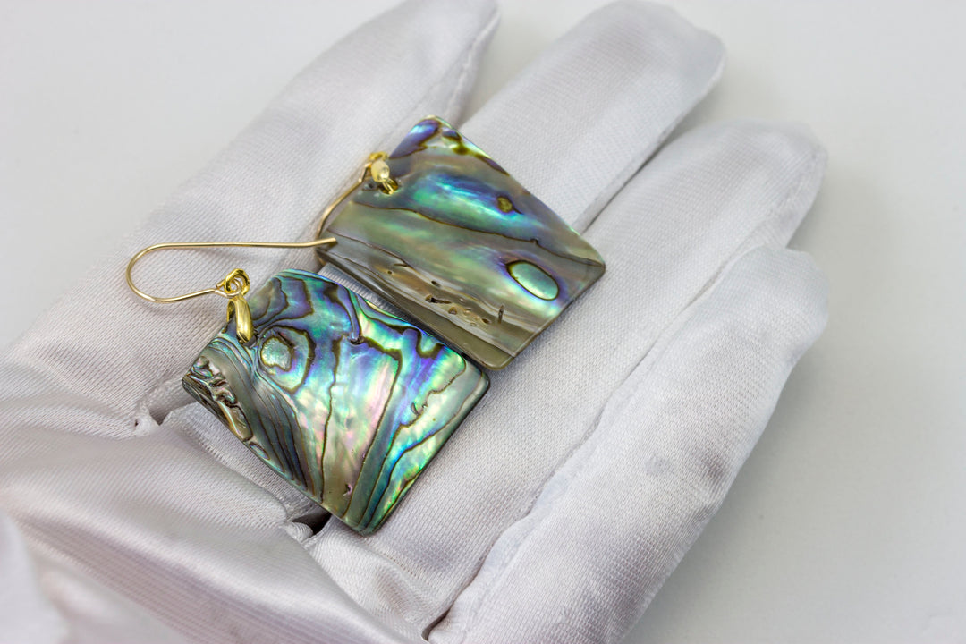 Abalone Paua Shell Teardrop Earrings Large Natural Peacock Colors 14k Solid Gold or Filled or Sterling Silver Rectangle  Blue