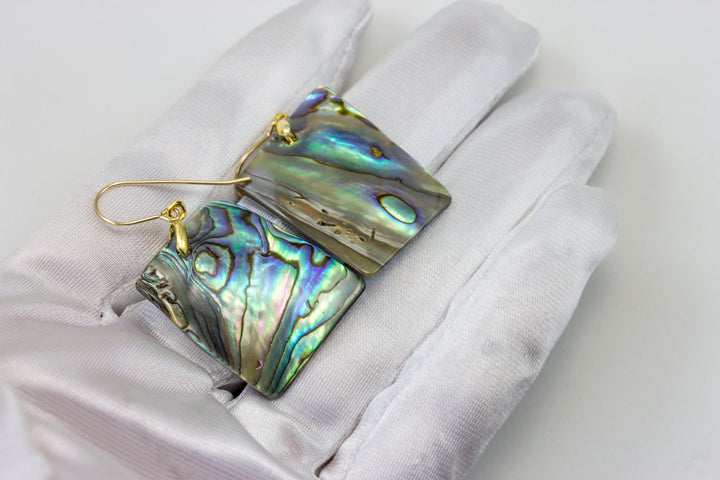Abalone Paua Shell Teardrop Earrings Large Natural Peacock Colors 14k Solid Gold or Filled or Sterling Silver Rectangle  Blue