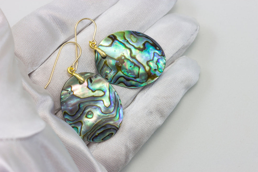 Abalone Paua Shell Teardrop Earrings Oval Natural Peacock Colors 14k Solid Gold or Filled or Sterling Silver Blue Iridescent Drops