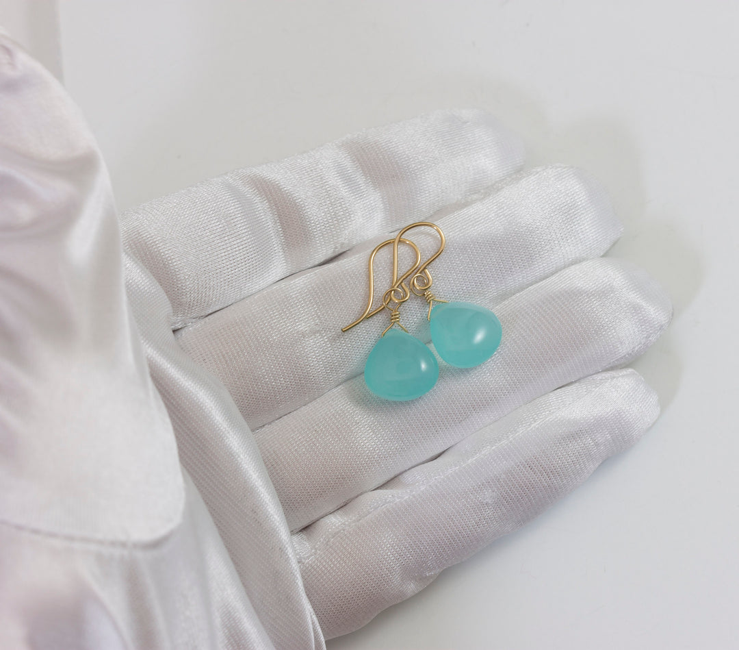 Aqua Blue Chalcedony Earrings Smooth Heart 14k Solid Gold or Filled or Sterling Silver Simple Soft Pale Color Teardrops Everyday Daily Drops