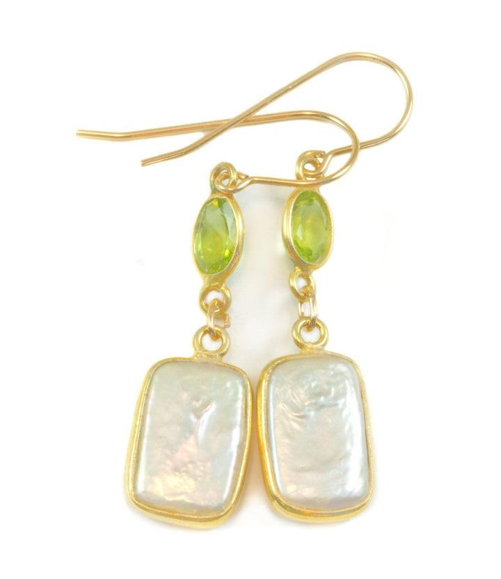 Pearl Earrings 14k  solid gold or filled Rectangular Bezel Green Peridot Double Hung Freshwater Culture Pearls Rectangle Simple  High Luster