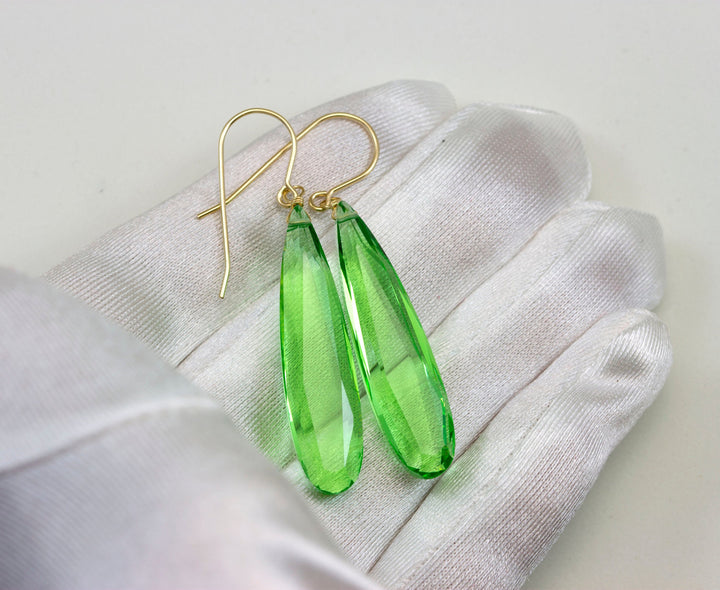 Light Green simulated Peridot Earrings Facet Large Long Dangle 14k Solid Gold or Filled or Sterling Silver Classic Simple Clean 2 Inch Drops