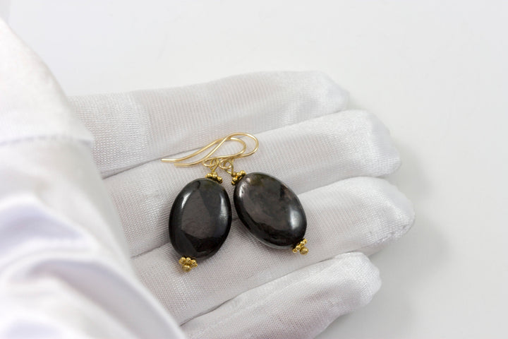 Black Hypersthene Earrings  Large Oval Shimmery Dangle Sterling Silver or 14k Solid Gold or Filled Simple Everyday Drops Unusual Natural