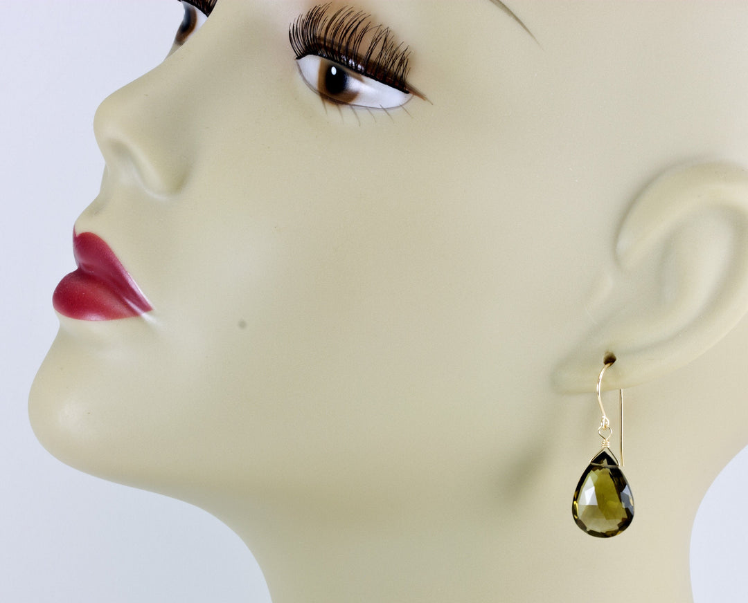 Green Olive Smoky Quartz Earrings Teardrop Fat Extra Large Long Natural Smokey 14k Solid Gold or Yellow or Rose Filled or Sterling Silver