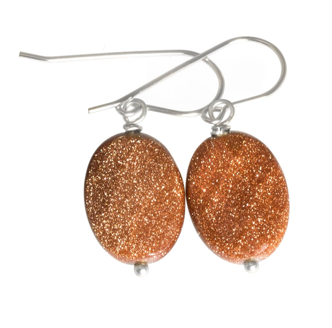 Goldstone Earrings Golden Sparkly Oval Teardrop dangle drop Sterling Silver or 14k Solid Yellow Gold or filled Spyglass Designs Drops Simple