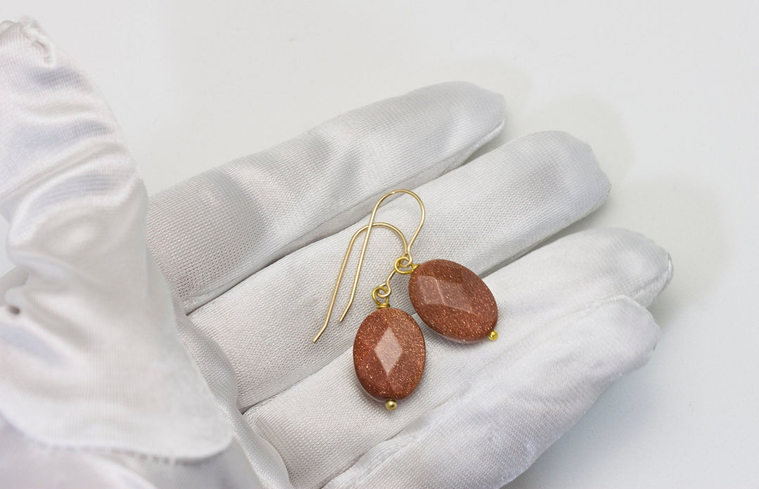 Goldstone Earrings Golden Sparkly Oval Teardrop dangle drop Sterling Silver or 14k Solid Yellow Gold or filled Spyglass Designs Drops Simple