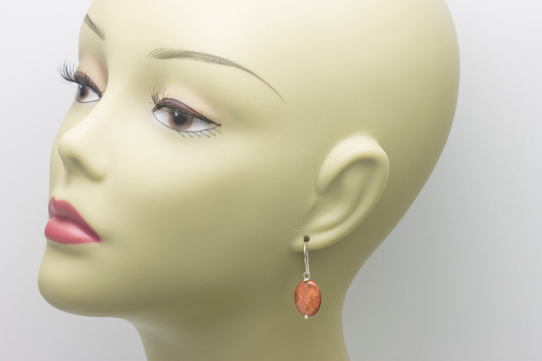 Goldstone Earrings Golden Sparkly Oval Teardrop dangle drop Sterling Silver or 14k Solid Yellow Gold or filled Spyglass Designs Drops Simple