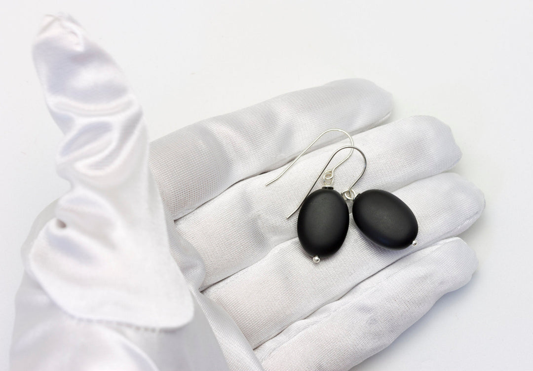 Black Onyx Earrings Sterling Silver or 14k Solid Gold or Filled Smooth Polished Matt Oval Teardrop Dangle Simple Classic Neutral Drops