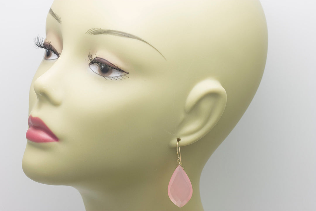 Pink Chalcedony Earrings Sterling Silver or 14k Solid Yellow Gold or Filled Faceted Pointed Teardrops X Large Pear Briolettes  2 Inch Drops