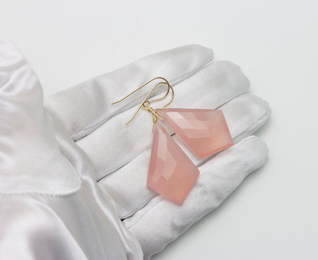 Pink Chalcedony Earrings Sterling Silver or 14k Solid Yellow Gold or Filled Faceted Pointed Triangle X Large Contemporary  2 Inch Drops