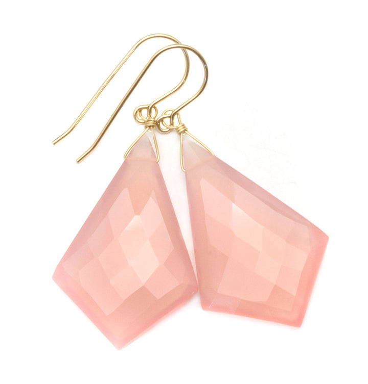 Pink Chalcedony Earrings Sterling Silver or 14k Solid Yellow Gold or Filled Faceted Pointed Triangle X Large Contemporary  2 Inch Drops