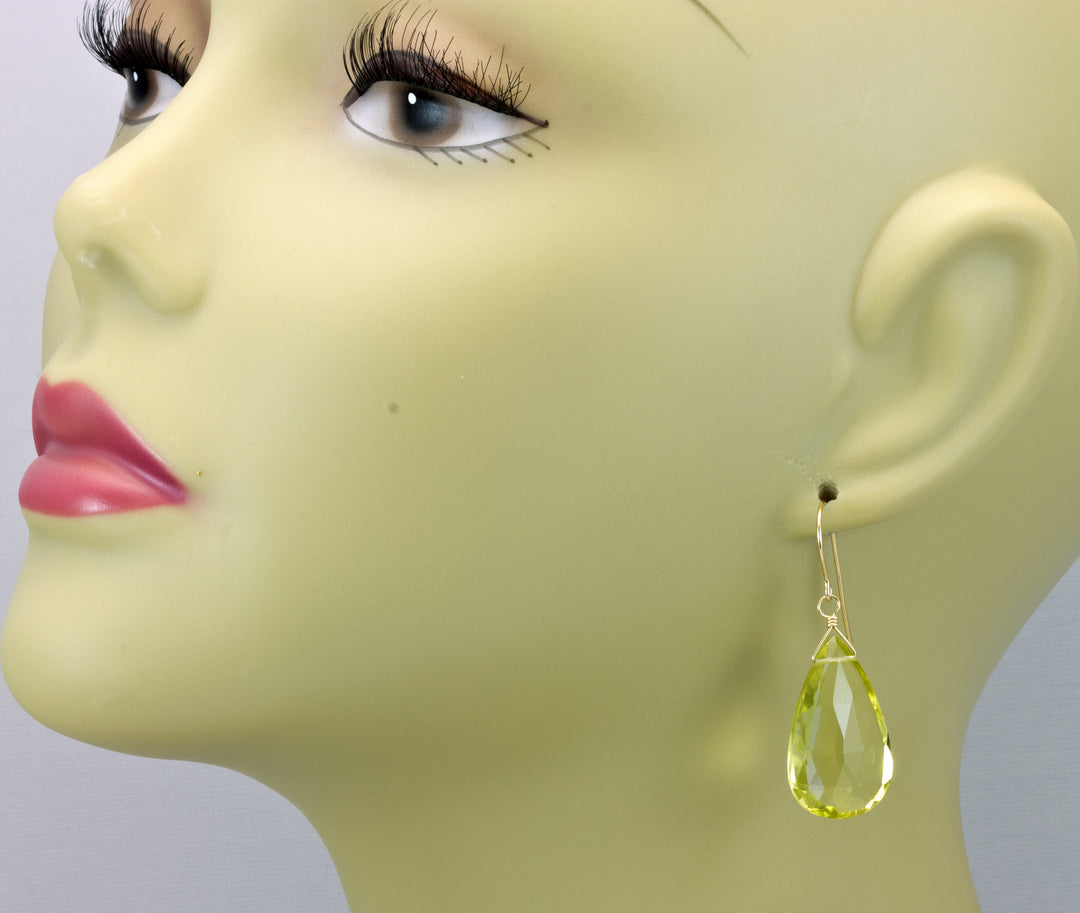 Lemon Yellow Quartz Earrings Large Wide Teardrop Faceted  Drop Sterling Silver or 14k Solid Yellow Gold or Rose Filled Simple Classic Dangle