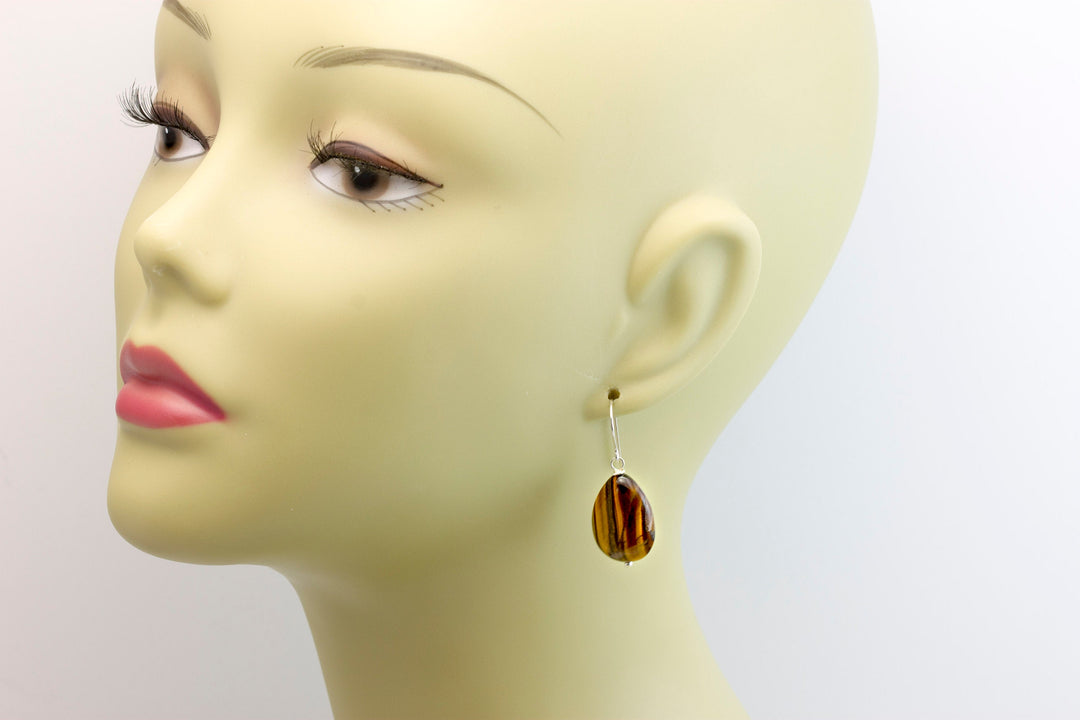 Tiger's Eye Earrings Smooth Large Teardrop dangle Sterling Silver or 14k Solid Yellow Gold or Filled Spyglass Designs Natural Tiger Eye