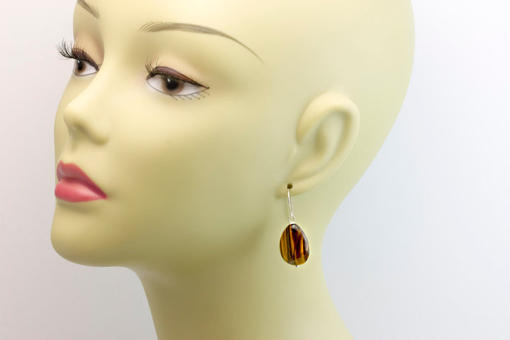 Tiger's Eye Earrings Smooth Large Teardrop dangle Sterling Silver or 14k Solid Yellow Gold or Filled Spyglass Designs Natural Tiger Eye