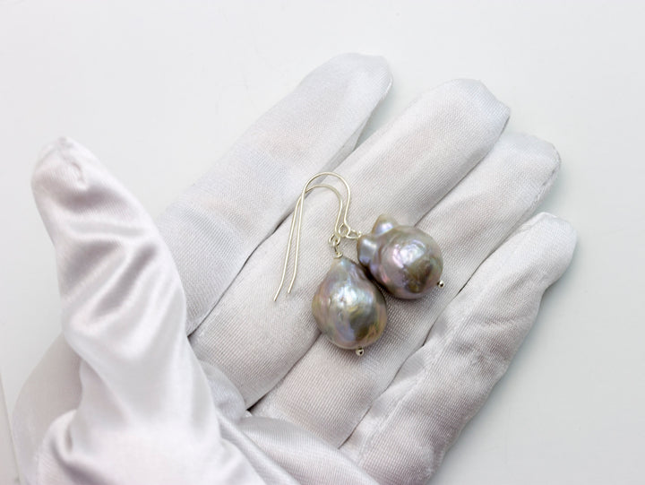 Baroque Pearl Earrings Sterling Silver or 14k Solid Yellow Gold or Filled Grey and Pink Simple Dainty Pearls Freshwater Unique Drops