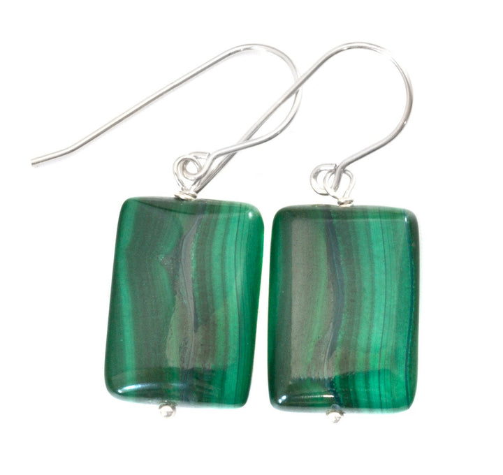 Malachite Earrings Green rectangle shaped smooth Natural Dangle Drops Sterling Silver or 14k Solid Yellow Gold or Filled simple design