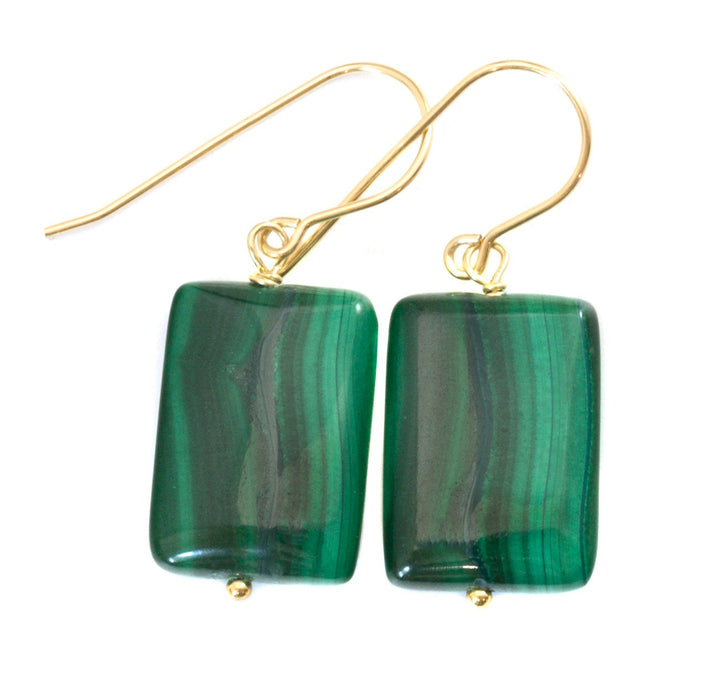 Malachite Earrings Green rectangle shaped smooth Natural Dangle Drops Sterling Silver or 14k Solid Yellow Gold or Filled simple design