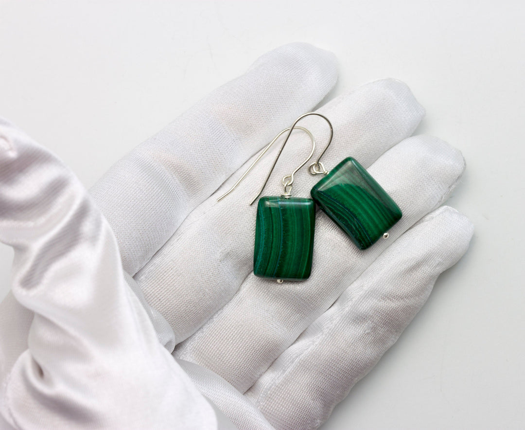 Malachite Earrings Green rectangle shaped smooth Natural Dangle Drops Sterling Silver or 14k Solid Yellow Gold or Filled simple design