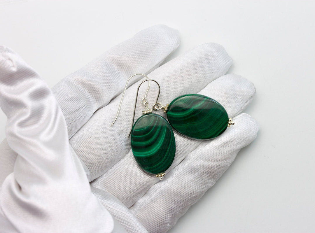 Malachite Earrings Green large oval smooth Natural Dangle Drops Sterling Silver or 14k Solid Yellow Gold or Filled simple design