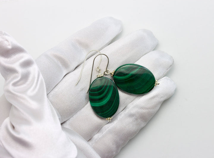 Malachite Earrings Green large oval smooth Natural Dangle Drops Sterling Silver or 14k Solid Yellow Gold or Filled simple design