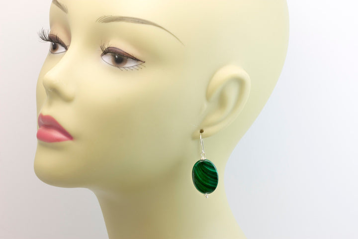 Malachite Earrings Green large oval smooth Natural Dangle Drops Sterling Silver or 14k Solid Yellow Gold or Filled simple design