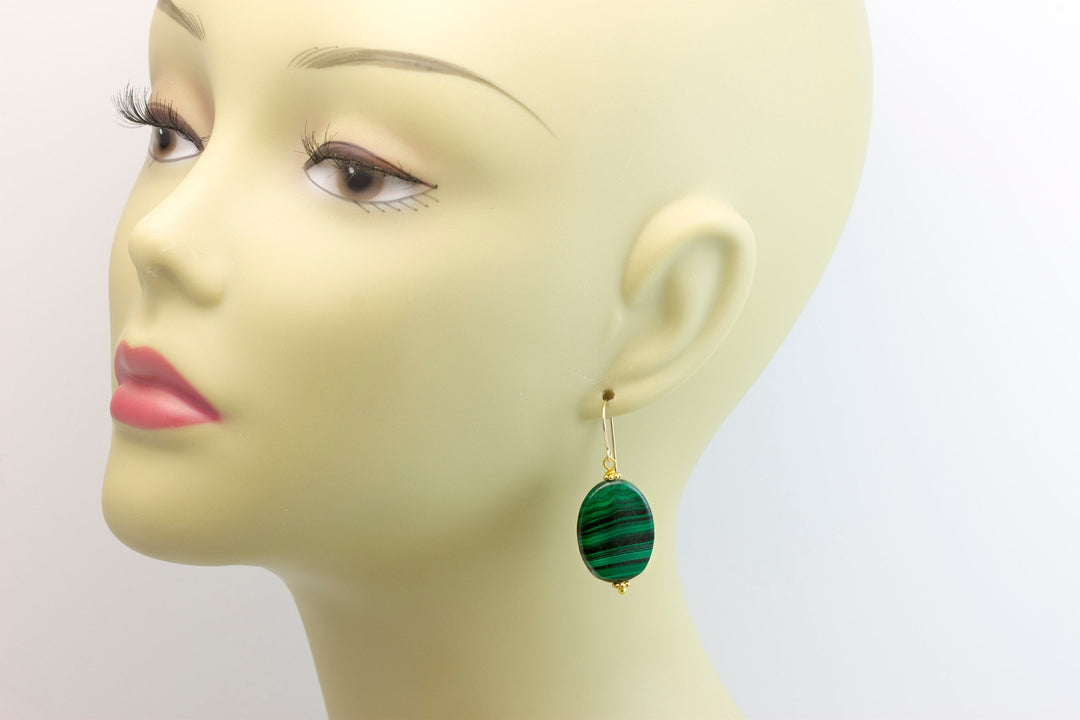 Malachite Earrings Green large oval smooth Natural Dangle Drops Sterling Silver or 14k Solid Yellow Gold or Filled simple design