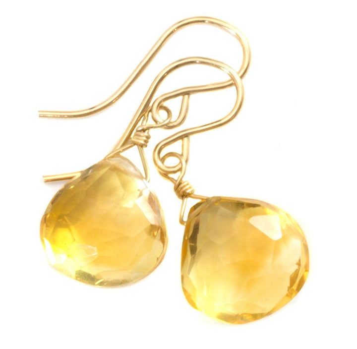 Natural Yellow Citrine Earrings faceted Heart Drop 14k solid gold or filled or Sterling Silver Spyglass Designs Simple Teardrops Lightweight