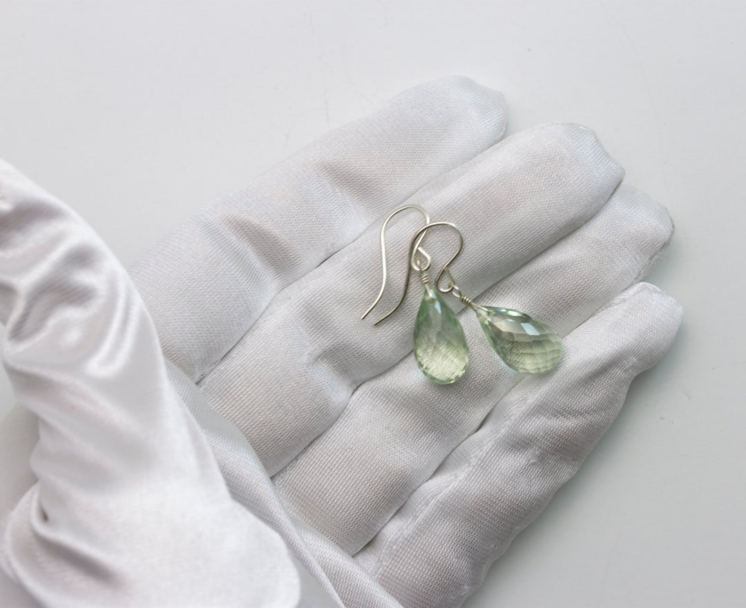 Green Amethyst Earrings Prasiolite Faceted AAA Briolette Teardrop 14k Solid Gold or Filled or Sterling Silver Simply Daily Soft Green Drops