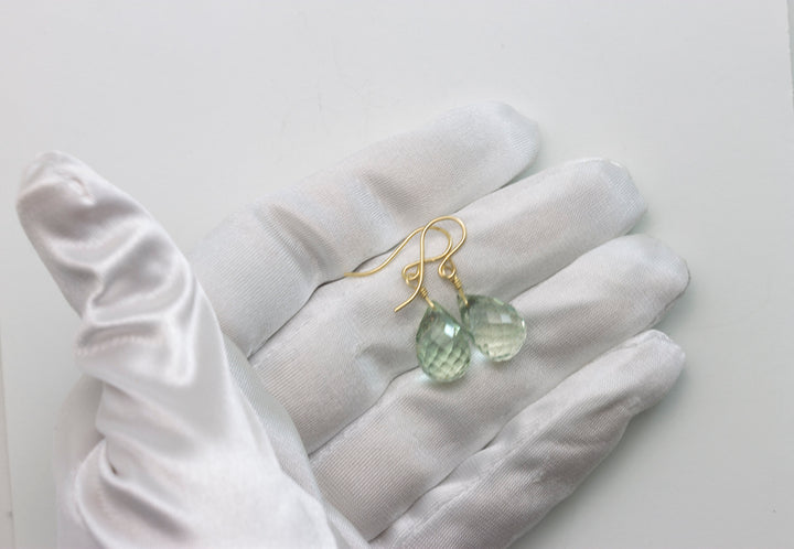 Green Amethyst Earrings Prasiolite Faceted AAA Briolette Teardrop 14k Solid Gold or Filled or Sterling Silver Simply Daily Soft Green Drops