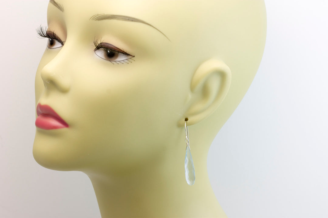 Aquamarine Earrings faceted Simulated Aqua Long Rounded Briolette  Dangle Teardrop Sterling Silver or 14k Solid Gold or Filled Soft Blue