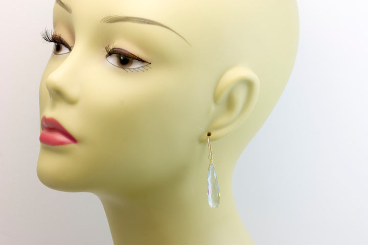 Aquamarine Earrings faceted Simulated Aqua Long Rounded Briolette  Dangle Teardrop Sterling Silver or 14k Solid Gold or Filled Soft Blue