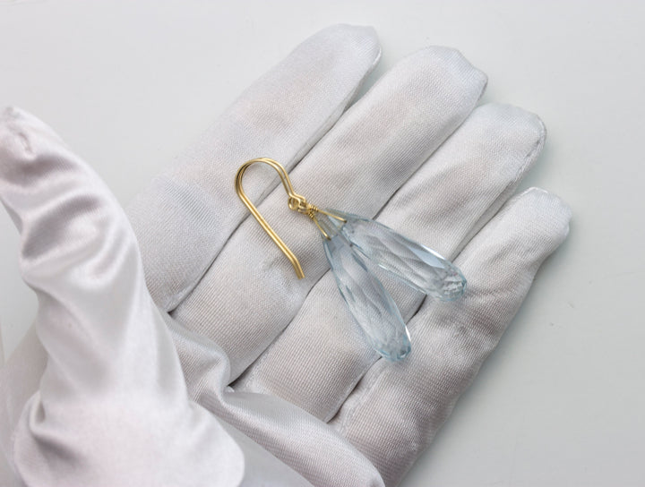 Aquamarine Earrings faceted Simulated Aqua Long Rounded Briolette  Dangle Teardrop Sterling Silver or 14k Solid Gold or Filled Soft Blue