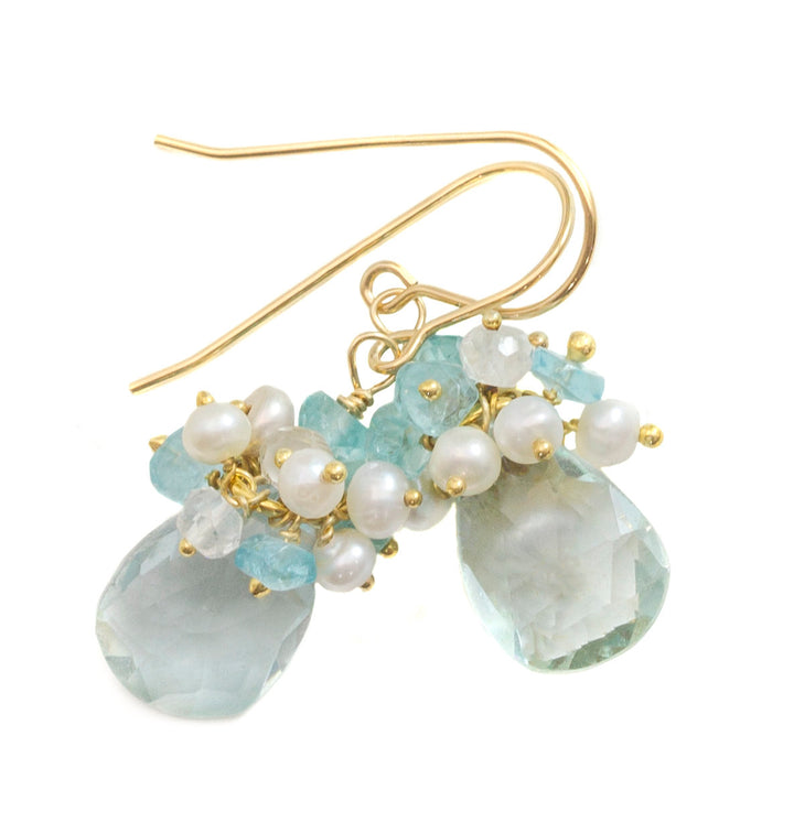 Cluster Earrings Sim Aquamarine faceted Teardrop and seed pearls 14k solid gold or filled or sterling silver pale blue quartz aquamarine