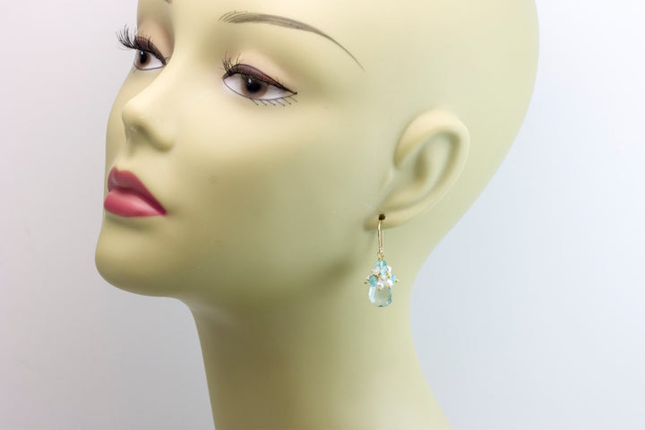 Cluster Earrings Sim Aquamarine faceted Teardrop and seed pearls 14k solid gold or filled or sterling silver pale blue quartz aquamarine