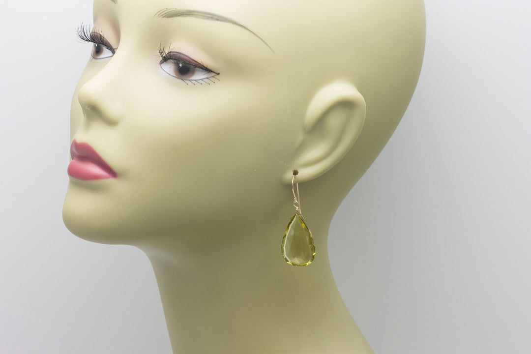 Lemon Yellow Quartz Earrings Large Teardrop Faceted Pointed Drop Sterling Silver or 14k Solid Yellow Gold or Filled Simple 2 Inch Drops