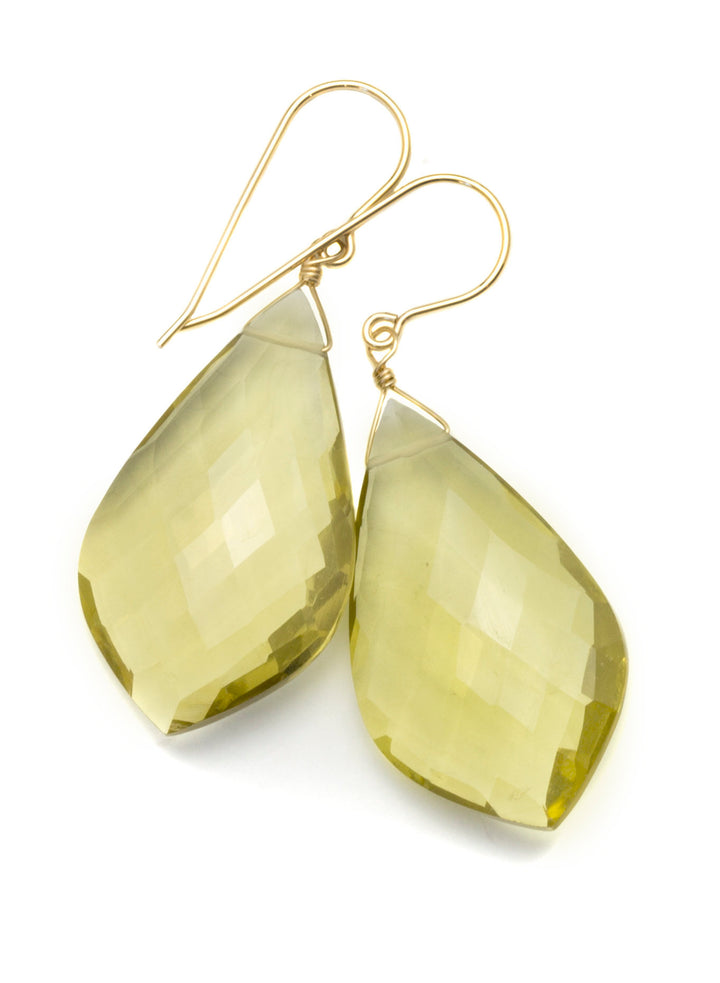 Lemon Yellow Quartz Earrings Large Teardrop Faceted Pointed Drop Sterling Silver or 14k Solid Yellow Gold or Filled Simple 2 Inch Drops